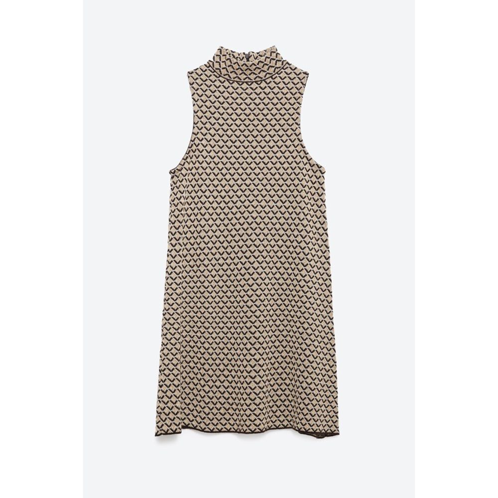 Zara Micro Jacquard Mock Neck A-Line Sleeveless Dress